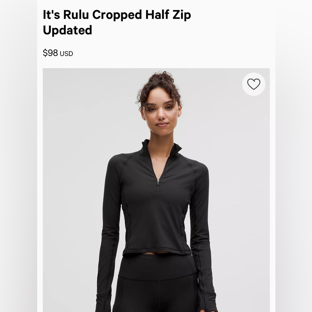 lululemon athletica Black Rulu Cropped Half Zip Long Sleeve